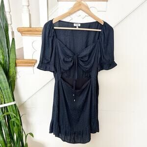 TOBI Womens Black Puff Sleeve Front Tie Cut-Out Ruffle Cuffs & Hem Mini Dress M